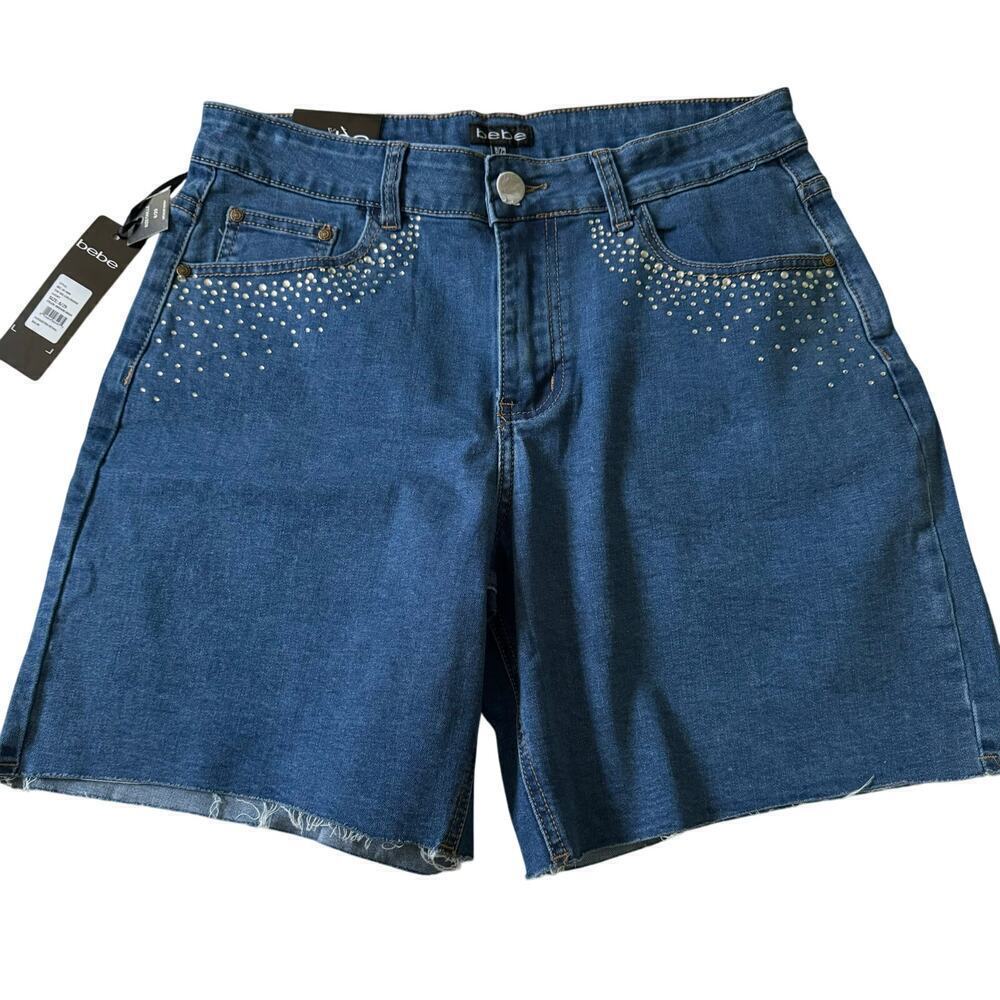 BEBE 8/29 Embellished 905 Girlfriend denim shorts.